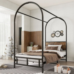 Btm 3Ft Single Canopy Metal Bed Black Wood Colour Durable Frame For Adults And Teenagers - thumbnail 9