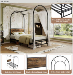 Btm 3Ft Single Canopy Metal Bed Black Wood Colour Durable Frame For Adults And Teenagers - thumbnail 4