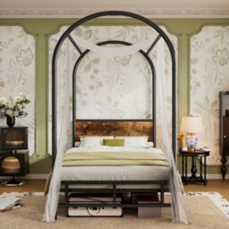 Btm 3Ft Single Canopy Metal Bed Black Wood Colour Durable Frame For Adults And Teenagers - thumbnail 3
