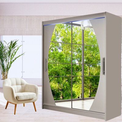 Westa Viii 150Cm Sliding Door Wardrobe With Modern Mirror Design And Rgb Led Lights Cashmere - image 1
