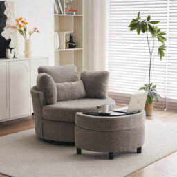 Abrihome Chenille Swivel Armchair With 3 Back Cushion Pillow Ottoman Crescent Stool  - thumbnail 2