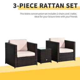 Outsunny 3Pcs Patio 2 Seater Rattan Sofa Garden Furniture Set Coffee W/ Cushions - thumbnail 6