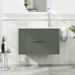 Royal Bathrooms Evora 800mm Sage Green Fluted Wall Hung Vanity Unit 2 Drawer With Carrara White Undrilled Worktop - thumbnail 1