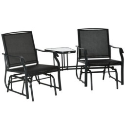 Outsunny Double Glider Companion Rocking Chairs Loveseat Garden Table Black - thumbnail 2