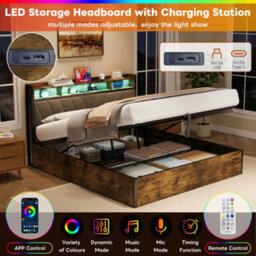 Btm 5Ft King Size Storage Bed, Hydraulic Lift Bed Frame With Rgb Led Headboard, Usb/type-C Charging, Black & Walnut - thumbnail 6