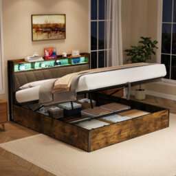 Btm 5Ft King Size Storage Bed, Hydraulic Lift Bed Frame With Rgb Led Headboard, Usb/type-C Charging, Black & Walnut