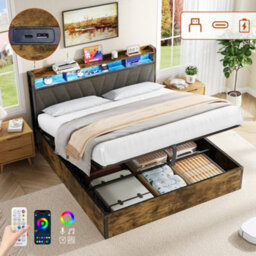 Btm 5Ft King Size Storage Bed, Hydraulic Lift Bed Frame With Rgb Led Headboard, Usb/type-C Charging, Black & Walnut - thumbnail 2