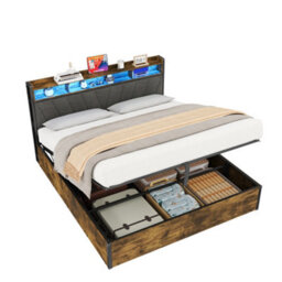 Btm 5Ft King Size Storage Bed, Hydraulic Lift Bed Frame With Rgb Led Headboard, Usb/type-C Charging, Black & Walnut - thumbnail 9