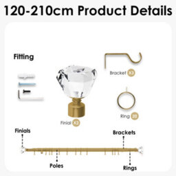 Oxford Homeware Satin Antique Brass Effect Extendable Curtain Pole With Metal Crystal Finials, (L)1200mm-2100mm (Dia)28mm - thumbnail 4