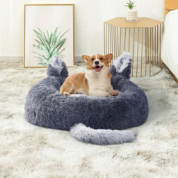 Living And Home Grey Round Plush Pet Dog Cat Calming Bed With Cute Ears 60 Cm - thumbnail 2