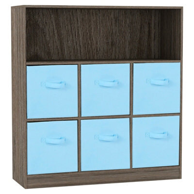 Urbn-Living Urbnliving Height 94Cm Wooden Wide Anthracite Oak 7 Cube Bookcase With Sky Blue 6 Drawers Baskets Storage Unit Shelves - image 1