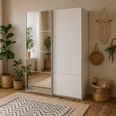 Wyld Haus Bordeaux 180Cm White Sliding Wardrobe With Full-Length Mirror, 5 Shelves & 2 Hanging Rails - image 1