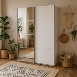Wyld Haus Bordeaux 180Cm White Sliding Wardrobe With Full-Length Mirror, 5 Shelves & 2 Hanging Rails - thumbnail 1