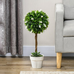 Homcom Set Of 2 Potted Artificial Plants Ball Tree With Flowers, White - thumbnail 7