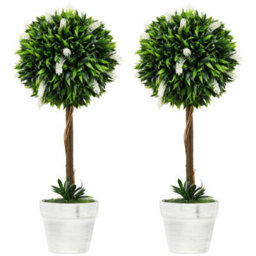 Homcom Set Of 2 Potted Artificial Plants Ball Tree With Flowers, White - thumbnail 2