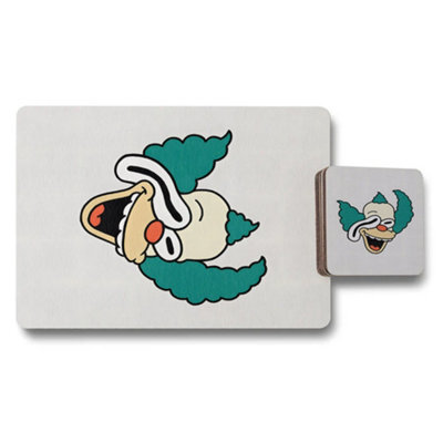Benjamin Tate Design Placemat And Coaster Set Featuring Designer Artwork Teal Clown Motif With Wood Backing Limited Edition - image 1