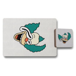 Benjamin Tate Design Placemat And Coaster Set Featuring Designer Artwork Teal Clown Motif With Wood Backing Limited Edition