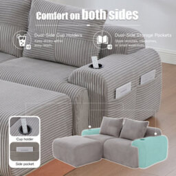 Abrihome Light Grey Modular 2-Seater Corduroy Sofa Set With Ottomans, Cup Holders & Side Storage Pockets - thumbnail 4