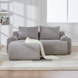 Abrihome Light Grey Modular 2-Seater Corduroy Sofa Set With Ottomans, Cup Holders & Side Storage Pockets - thumbnail 9