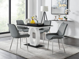 Furniturebox Giovani Rectangular 4 Seat White High Gloss Unique Halo Base Dining Table Black Glass Top 4 Grey Velvet Silver Leg Pesaro Chairs