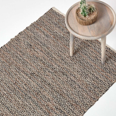 Homescapes Brown Real Leather Handwoven Diamond Pattern Rug, 66 X 200 Cm - image 1