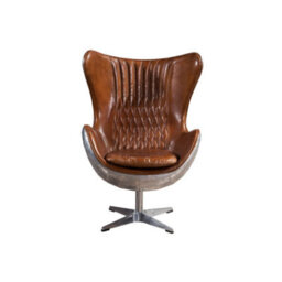 Aviator Retro Swivel Egg Armchair Aluminium Distressed Tan Real Leather - thumbnail 2