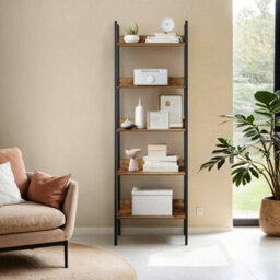 LEDREM 5 Tier Bookcase, Ladder Shelf Slim Shelf, Open Standing Shelf For Study Living Room Bedroom Kitchen, Rustic Brown And Black - thumbnail 2