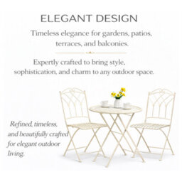Glamhaus Garden Bistro Set 3 Piece Outdoor Metal Foldable Patio Balcony Furniture Shabby Chic - Caserta Antique White - thumbnail 9
