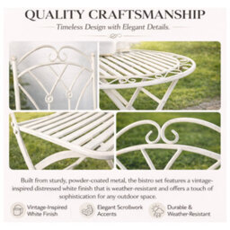 Glamhaus Garden Bistro Set 3 Piece Outdoor Metal Foldable Patio Balcony Furniture Shabby Chic - Caserta Antique White - thumbnail 8