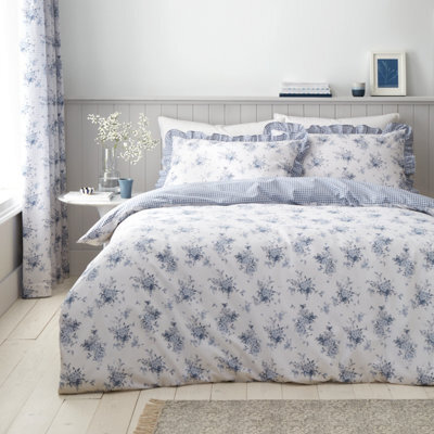 Catherine Lansfield Lucie Floral Frill Reversible Duvet Cover Set With Pillowcases White Blue - image 1