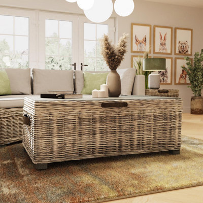 Fwstyle Ready Assembled Lift Up Storage Coffee Table Kubu Rattan Greywash Pine - image 1