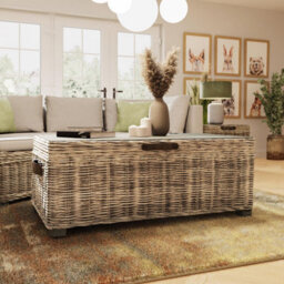 Fwstyle Ready Assembled Lift Up Storage Coffee Table Kubu Rattan Greywash Pine