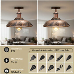 E27 Base Flush Ceiling Light With 36Cm Brushed Copper Lamp Shade Easy Fit Durable Metal For Kitchen, Living Room Without Bulb - thumbnail 6