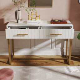 Btm Bedroom Dressing Table With 2 Drawers 76.5X100X45Cm White Chest Highboard Sideboard - thumbnail 1