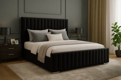 Adore Designs Portland Plush Velvet Sleigh Bed, With Footboard - 5Ft Kingsize - Black - image 1