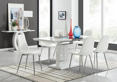 Furniturebox Uk Renato 120Cm High Gloss Extending Dining Table And 6 White Corona Silver Leg Chairs - image 1