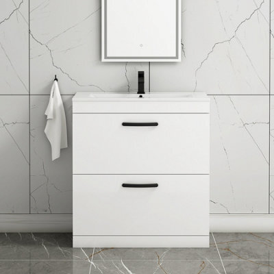 Royal Bathrooms Turin Gloss White 800mm Floor Standing Vanity Unit 2 Drawer With Minimalist Basin Sink & Matt Black Handles - image 1