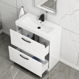 Royal Bathrooms Turin Gloss White 800mm Floor Standing Vanity Unit 2 Drawer With Minimalist Basin Sink & Matt Black Handles - thumbnail 5