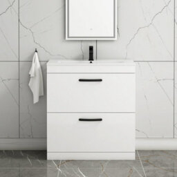 Royal Bathrooms Turin Gloss White 800mm Floor Standing Vanity Unit 2 Drawer With Minimalist Basin Sink & Matt Black Handles
