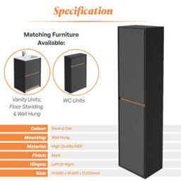 Plum&clay Norton Black & Oak Wall Hung Bathroom Tall Storage Cabinet Bathroom Furniture (H)1600mm (W)400mm - thumbnail 4