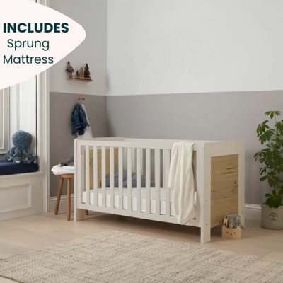 Xample Tutti Bambini Alba Cot Bed With Sprung Mattress, White & Distressed Oak Convertible Baby Cot To Junior/day Bed, Adjustable Base - image 1