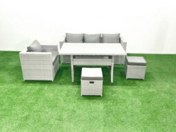 Fimous Garden Dining Set Outdoor Rattan Furniture Set Sofa Dining Table Small Stools Light Grey - thumbnail 2