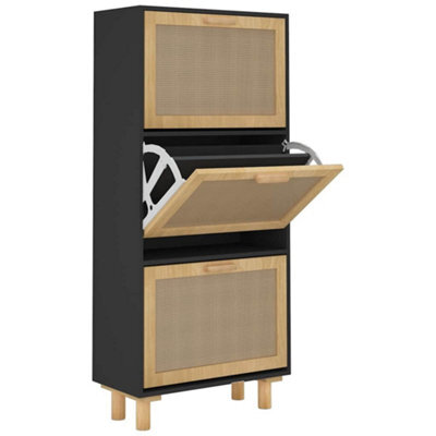 Berkfield Durable Shoe Cabinet Black 52X25X115 Cm Engineered Wood&natural Rattan - image 1
