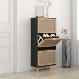 Berkfield Durable Shoe Cabinet Black 52X25X115 Cm Engineered Wood&natural Rattan - thumbnail 2