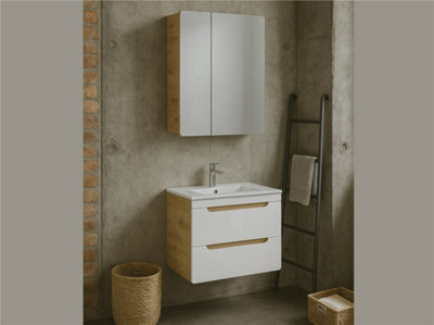 Impact Furniture Bathroom Sink Vanity Unit 600mm With Mirror Wall Storage Furniture Set White Gloss Oak Aruba - image 1