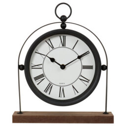 Deenz Metal Arched Frame Clock Roman Numerals White Face Round Display Wood Base Quartz Movement Freestanding Black Mantle 31X26Cm - thumbnail 1