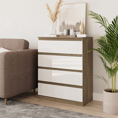Urbn-Living Urbnliving 90Cm Tall 4 Drawer High Gloss Bedside Chest Of Drawers With Smooth Metal Runner Oak & White - image 1