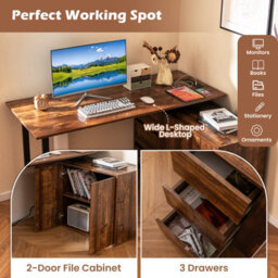 Costway L-Shaped Desk With File Cabinet Reversible Corner Computer Desk With 3 Drawers - thumbnail 6