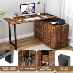 Costway L-Shaped Desk With File Cabinet Reversible Corner Computer Desk With 3 Drawers - thumbnail 5