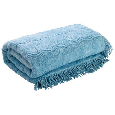 Blue Candlewick Bedspread - Soft & Lightweight 100% Cotton Bedding With Wave Design & Fringed Edges - Size Single, 135 X 200Cm - image 1